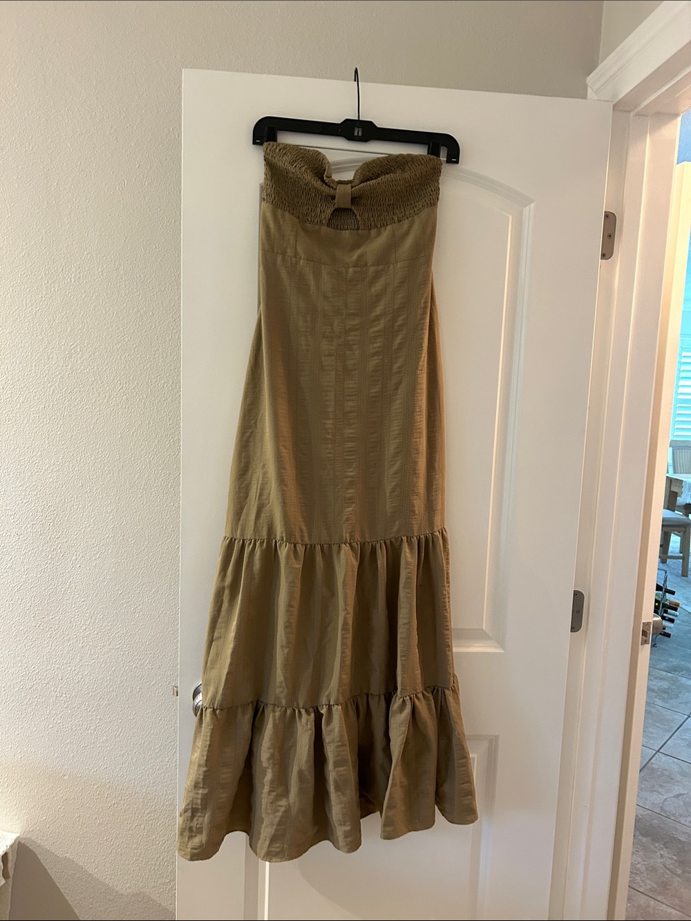 Smocked Strapless Tiered Maxi Dress in Olive/Khaki